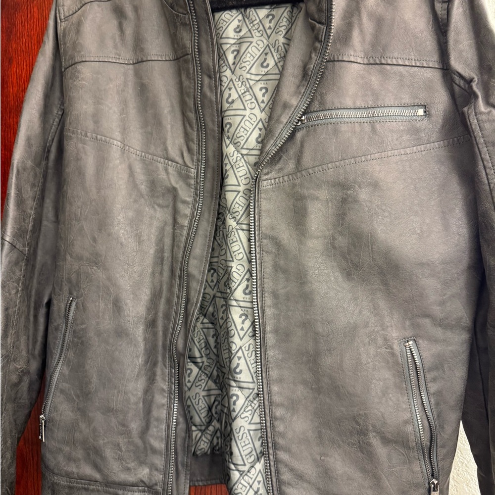 GUESS Men's Dark Gray Leather Jacket